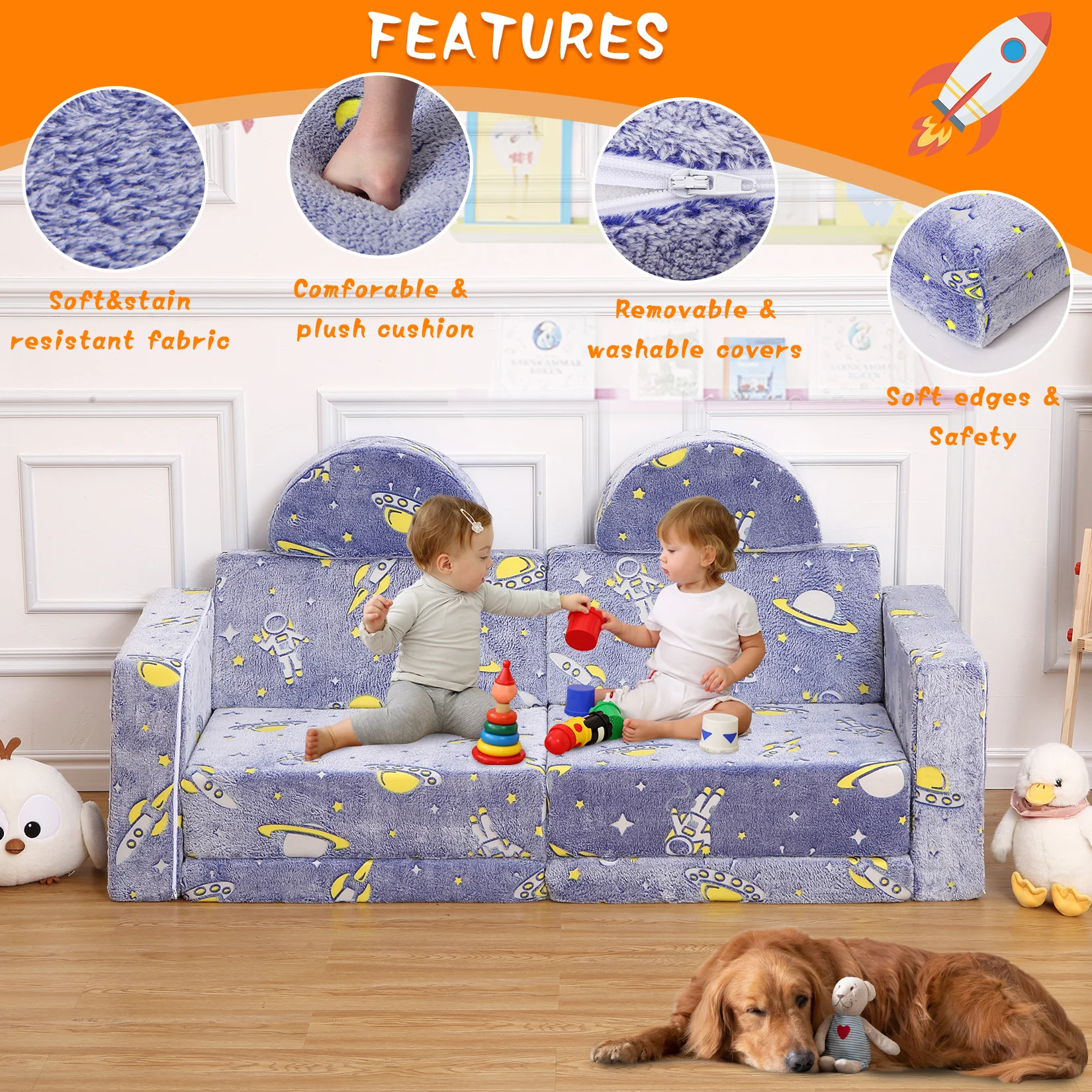 Kids Couch 8 PCS Modular Kids Play Couch Toddler Couch Child Sectional Sofa Indoor Kids Play Set Convertible Foam Sofa