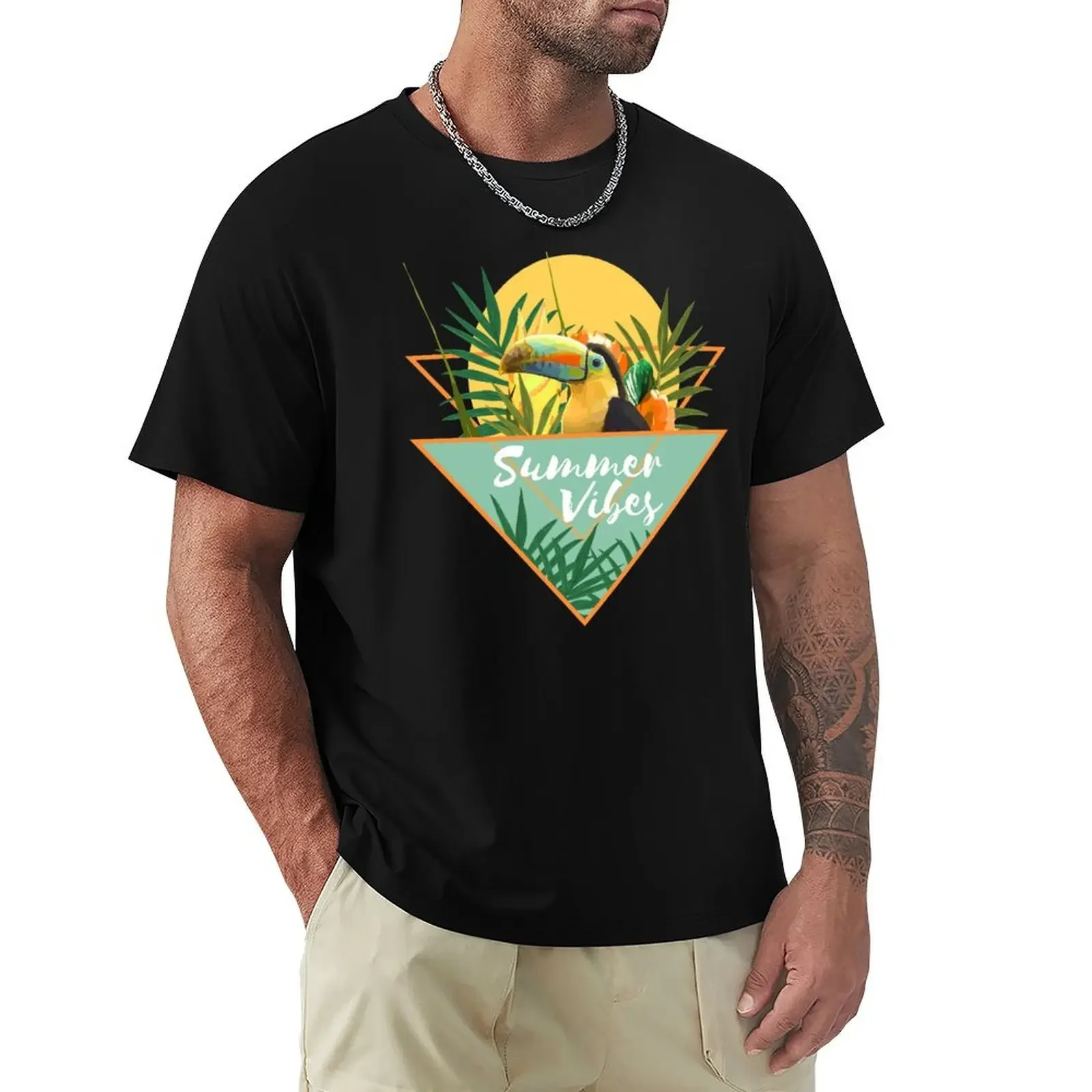 

Summer Vibes Typography Tropical Bouquet With Toucan T-Shirt heavyweights korean fashion t shirt for men