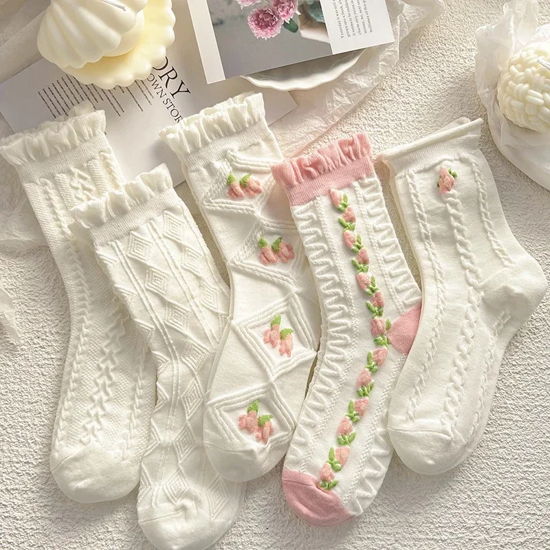 Calcetines blancos con forma de corazón de Lolita para mujer, medias japonesas con flores rosas, Harajuku JK, chica Kawaii, calcetines de tubo con flor de cerezo, calcetines para estudiantes universitarios