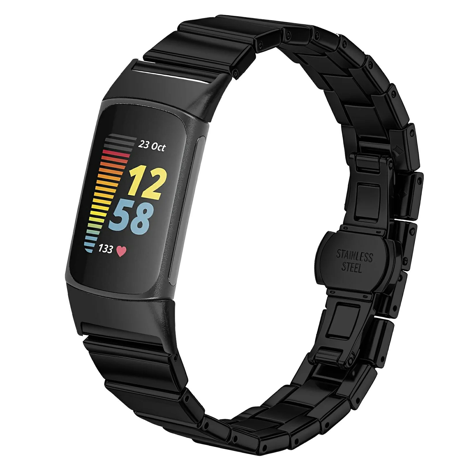 For Fitbit Charge 6 / Charge 5 Watch Band One-bead Stainless Steel Smart Watch Bracelet with Butterfly Buckle - Black