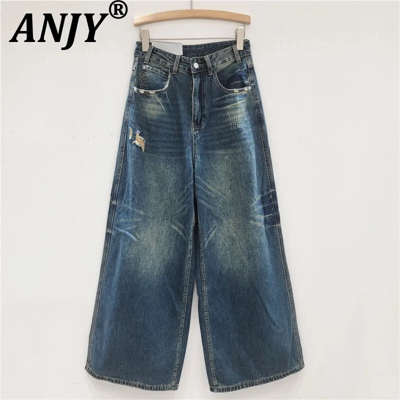 

ANJY Autumn Winter New Women American Style Fashion Brushed Ripped Jeans Slimming Chic Tide Straight Wide Leg Denim Pants A11004
