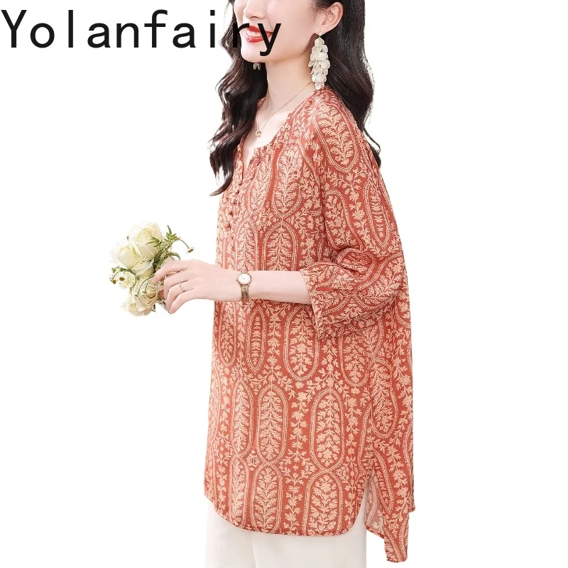 

YOLANFAIRY 100% натуральные шелковые рубашки из тутового шелкопряда для женщин, лето 2026, элегантная блузка на шнуровке, женская одежда, модные топы и блузки