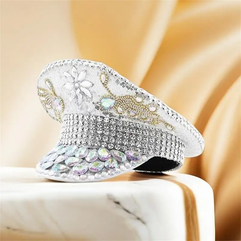 A52E Studded Hat for Bride Cosplay Cap Blingbling Sequins Hat Stage Performances Props MilitaryHat