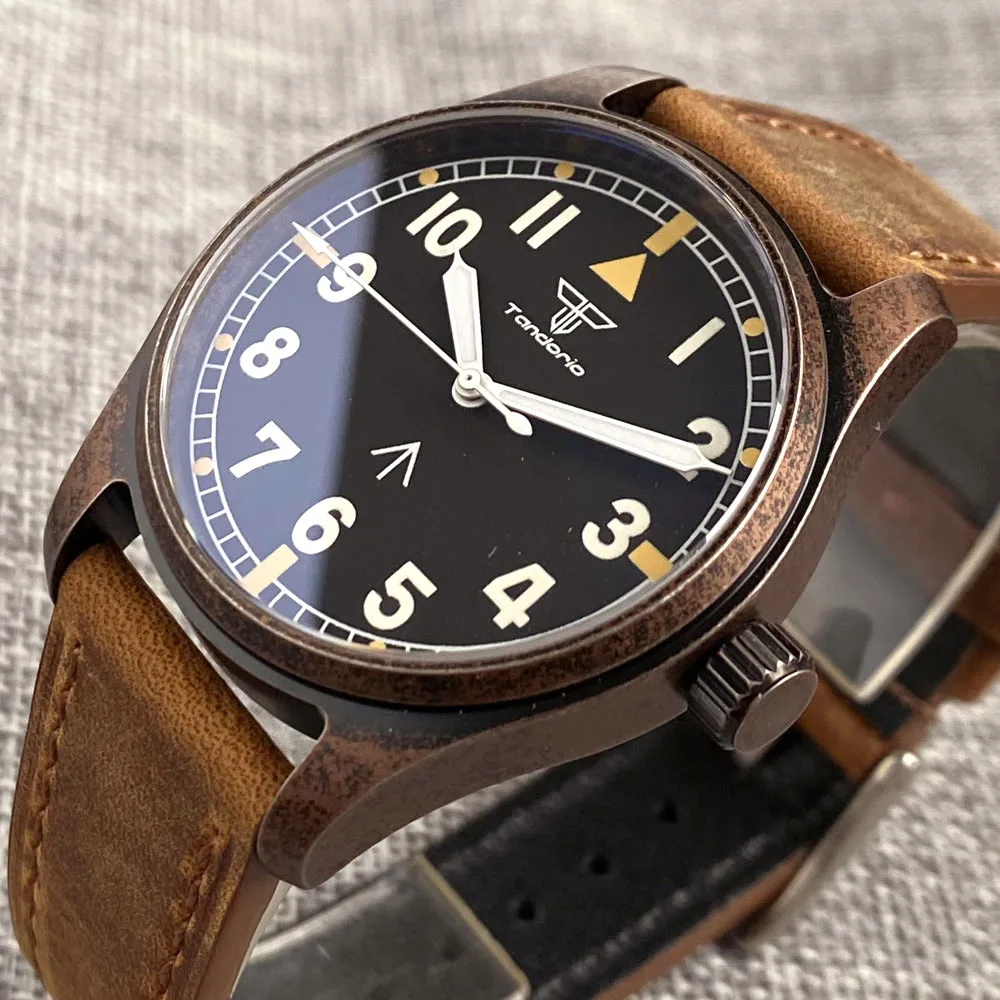 Tandorio Retro Pilot Watch Japan NH35 Automatic Mechanical Men's Watch Aviator 200m Waterproof Bronze PVD Sapphire Crystal 39mm