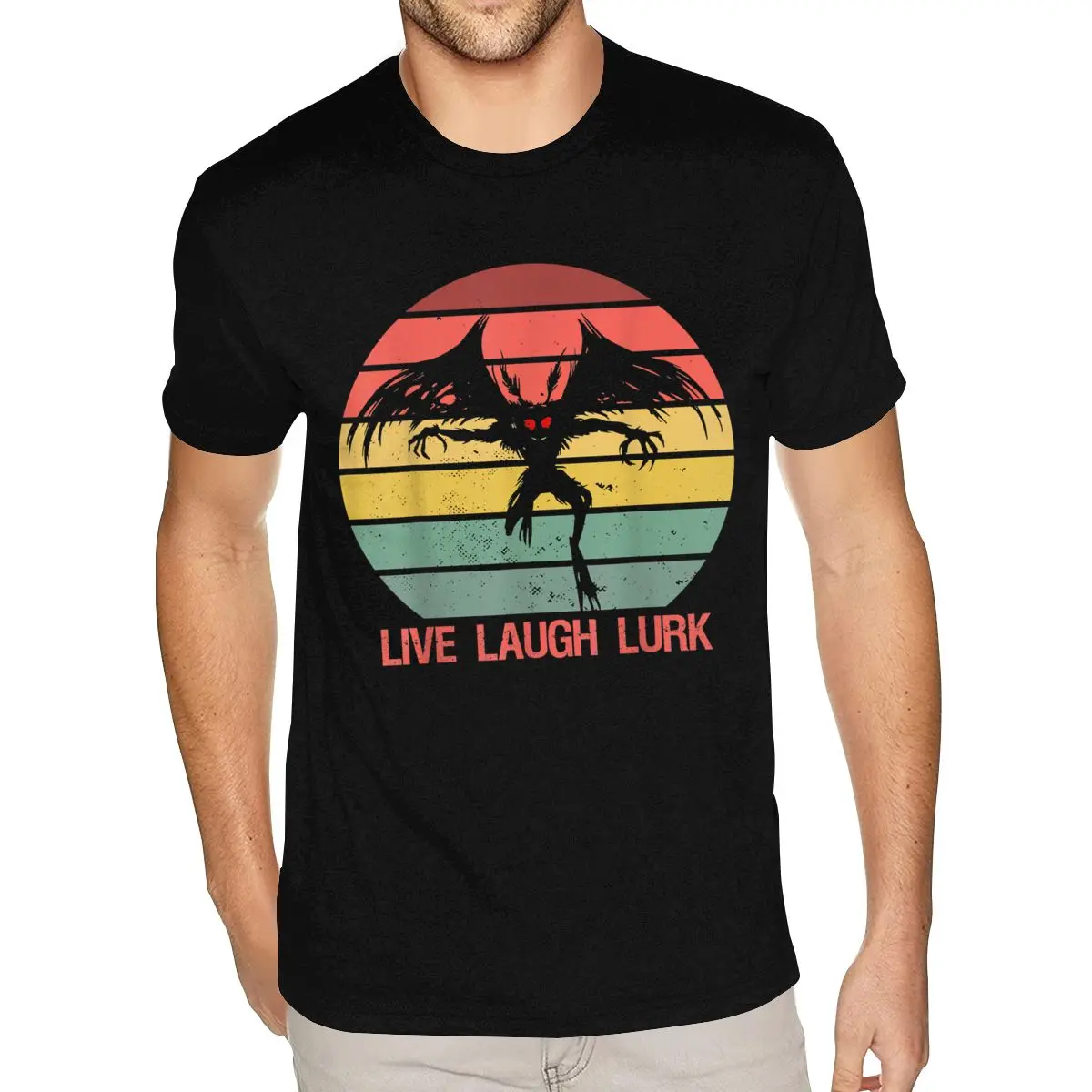 

Cute Mothman Live Laugh Lurke Urban Legend Mythology T Shirt Men Top Quality Short Sleeved O Cotton Black Round Neck Tee Shirt