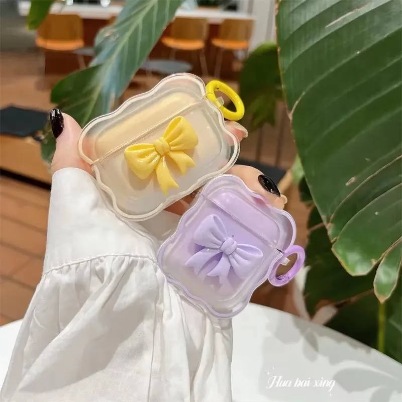 Luxury 3D Bow Wave Case for Apple AirPods Pro 2nd Case Pink Floral Girl Cover for AirPods 4 3 2 1 Wireless Box With Keyring Bags