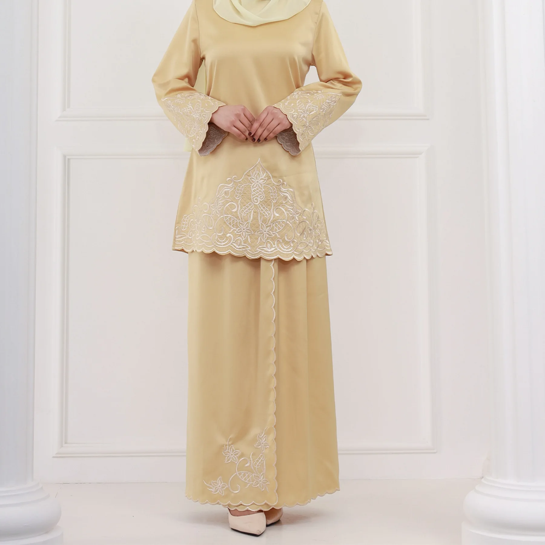 

Малайзийское платье из двух предметов, женские атласные топы с вышивкой, юбка, мусульманский комплект для вечеринки, Ид, Рамадан, Баaju Куронг, костюм Femme Musulmane Ensembles