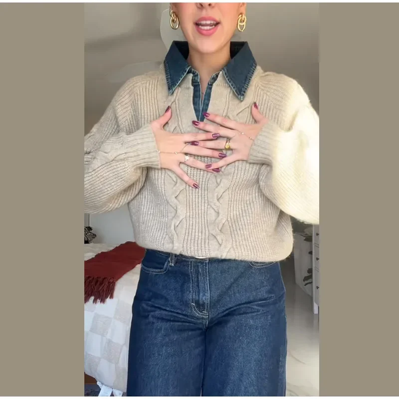 Gedrehter Revers-Kragen Denim-Patchwork Strickpullover für Damen, Streetwear Langarm Locker Sitzende Strickwaren, Schicke Damen-Oberbekleidung Neu – Detail 16