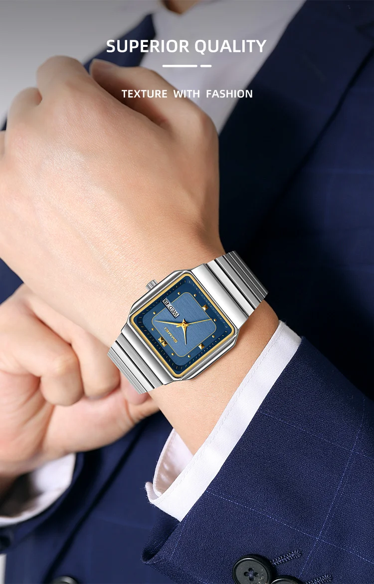 SKMEI 9414 Simple Square Dial Calendar Week Stainless Steel Strap Quartz Watch Men's Waterproof Business Mens Watch Reloj Hombre