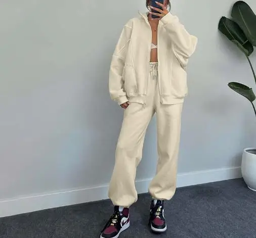 Ensemble deux pièces décontracté pour femmes, Cardigan paresseux à la mode avec poche zippée et sweat à capuche pour les pieds liés, automne hiver