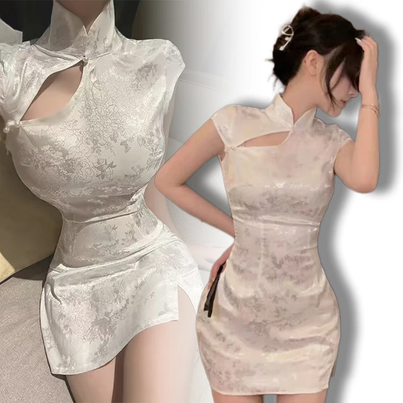 Sexy Chinese Qipao Dress Cheongsam Black White Fashion Oriental Style Tempting Uniform Streetwear Dance Party Performance