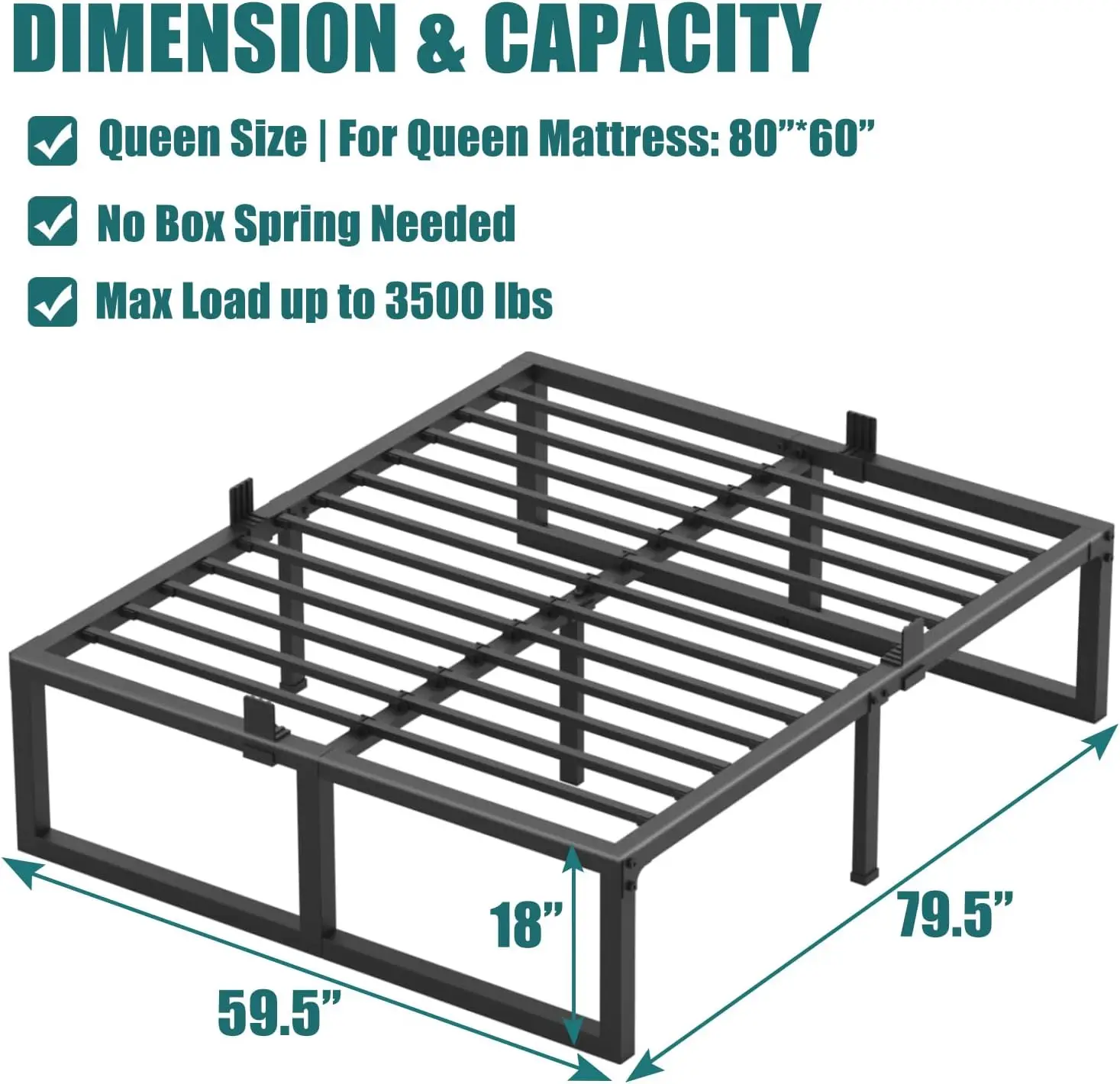 โครงเตียงควีนไซส์ 18 นิ้ว,แพลตฟอร์มโลหะสําหรับงานหนัก 3500 ปอนด์,รองรับแผ่นเหล็ก/ไม่ต้องใช้สปริงกล่อง/ไม่มีเสียงรบกวน/กันลื่น/ง่าย