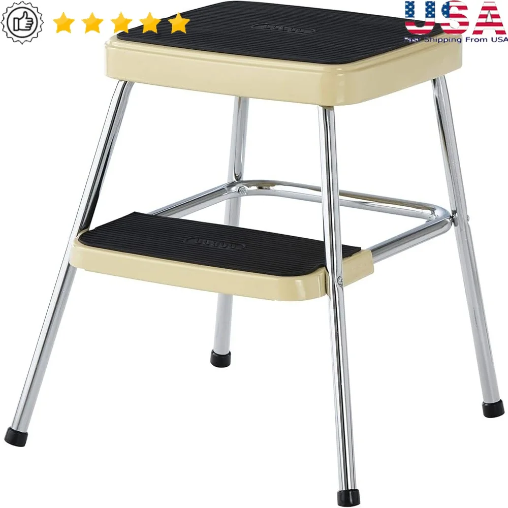 

Retro 2-Step Folding Steel Step Stool Lightweight Non-Marring Leg Tips Secure Stable Multi-Purpose Indoor Outdoor Tasks Home