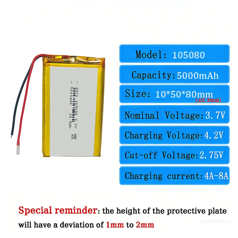 3.7V 5000mAh 18.5Wh Li-Polymer Replacement Lipo Rechargeable Battery 105080 3 Wires JST 3Pin 2.0mm Connector NTC for Thermistor