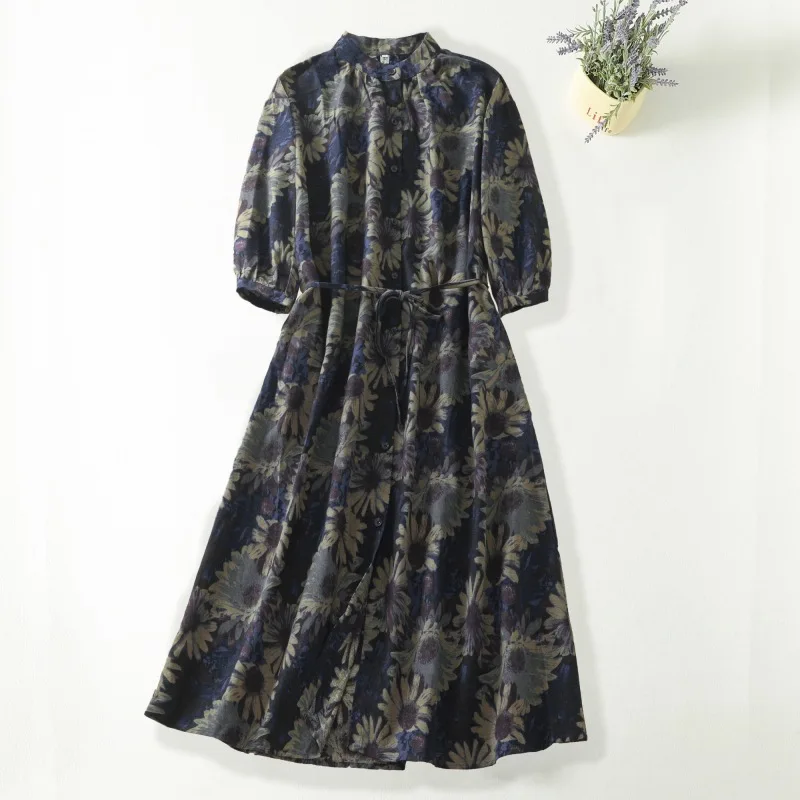 

Women Dresses Print Dress Round Neck Three Quarter Sleeves Single Breasted Ankle Length Slight Strech Streetwear 2026 Spring