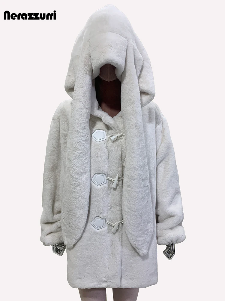 nerazzurri Autumn Winter Cute Sweet White Warm Soft Faux Fur Coat Hoodie Women with Bunny Ears Horn Buttons Fluffy Jacket 2024