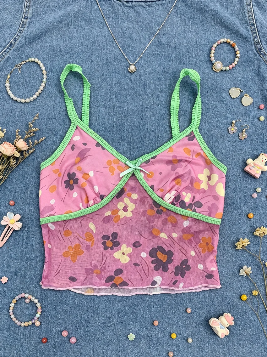 Trendy Ladies Pink Floral Mesh Tank Tops V Neck Ruffle Strap Bow Detail Cropped Vest Y2K Kawaii Aesthetic Summer Beach Camisoles