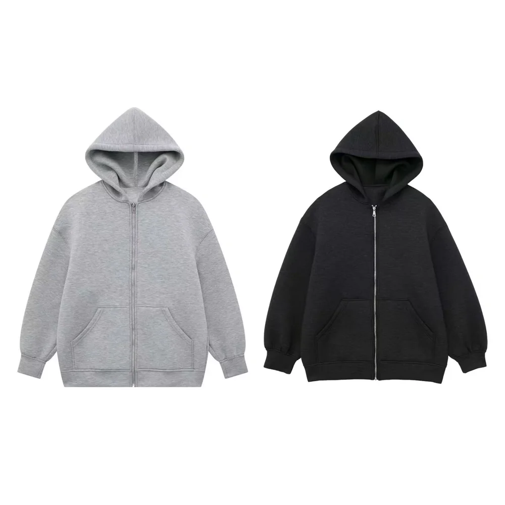 PB&ZA2023 Autumn New Women\'s Long Sleeve Zipper Style Versatile Casual Loose Hooded Women\'s Jacket Coat