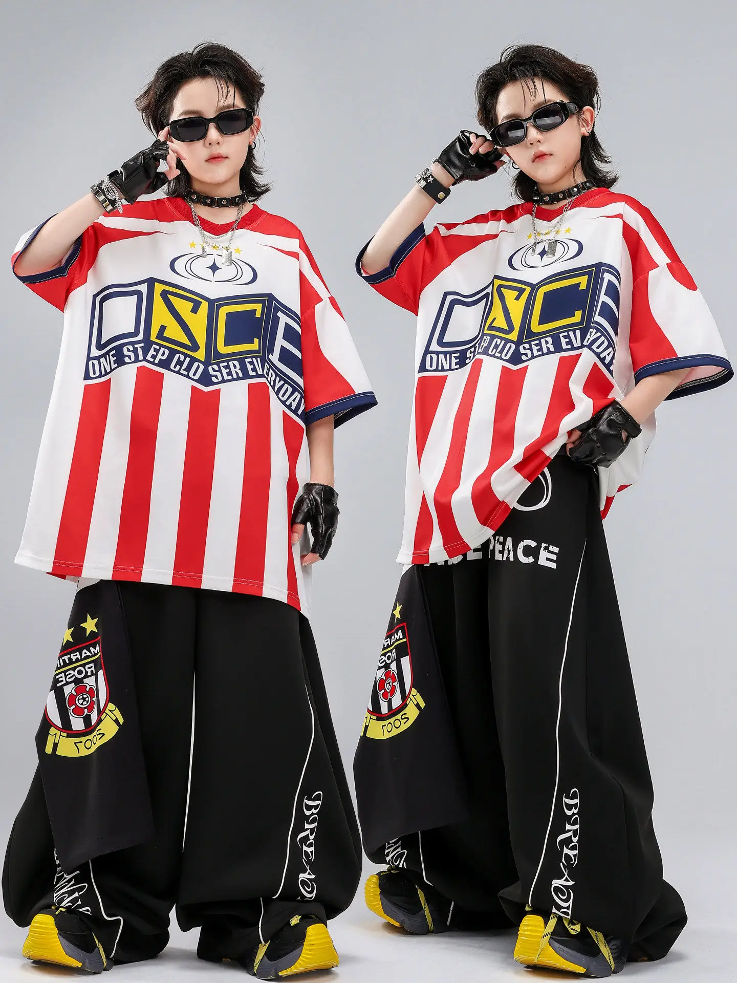 Conjunto de roupa infantil para performance de dança de rua, hip hop, meninos, listras vermelhas e brancas, manga curta, roup...