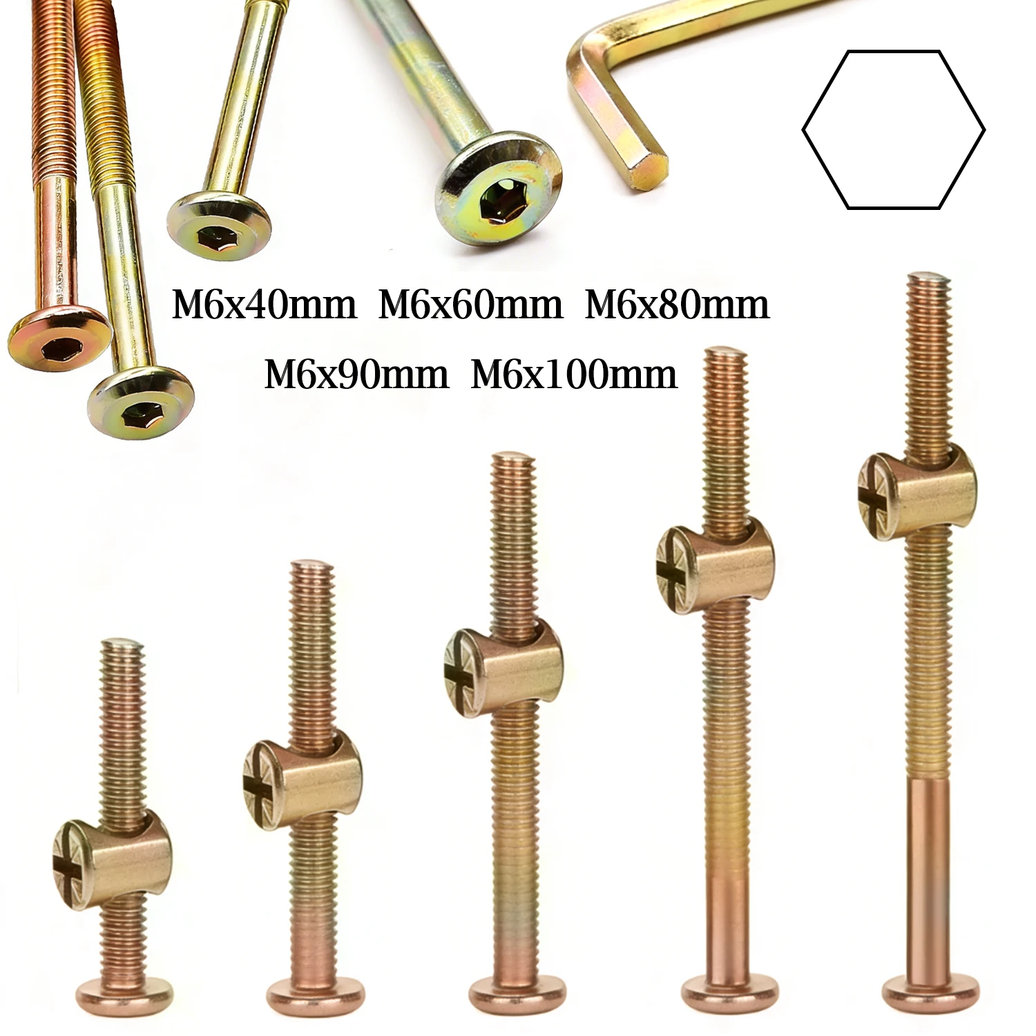 

10pcs M6x40/60/80/90/100mm Furniture Bolt Nut Set Hex Socket Screw with Barrel Nuts Zinc Plated For Bed Chair