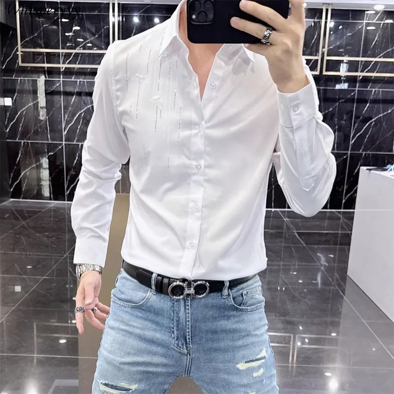 

Long-sleeved Shirt Men's Spring Autumn New Korean Hot Diamond Business Casual Black Tops Turn-down Collar Button White Camisas