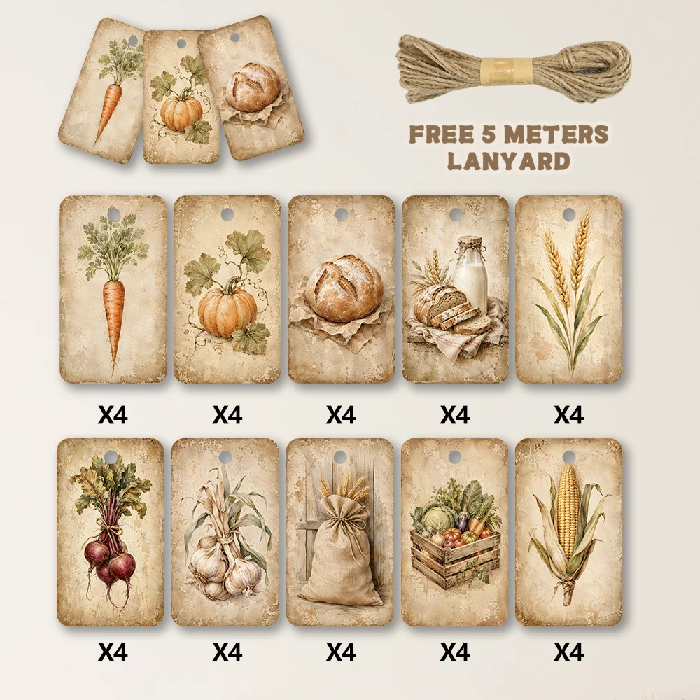 40pcs, Gift Tags, Vintage Country Harvest Art, Hanging Paper Labels for Gift Wrapping, Holiday Party Decor with String
