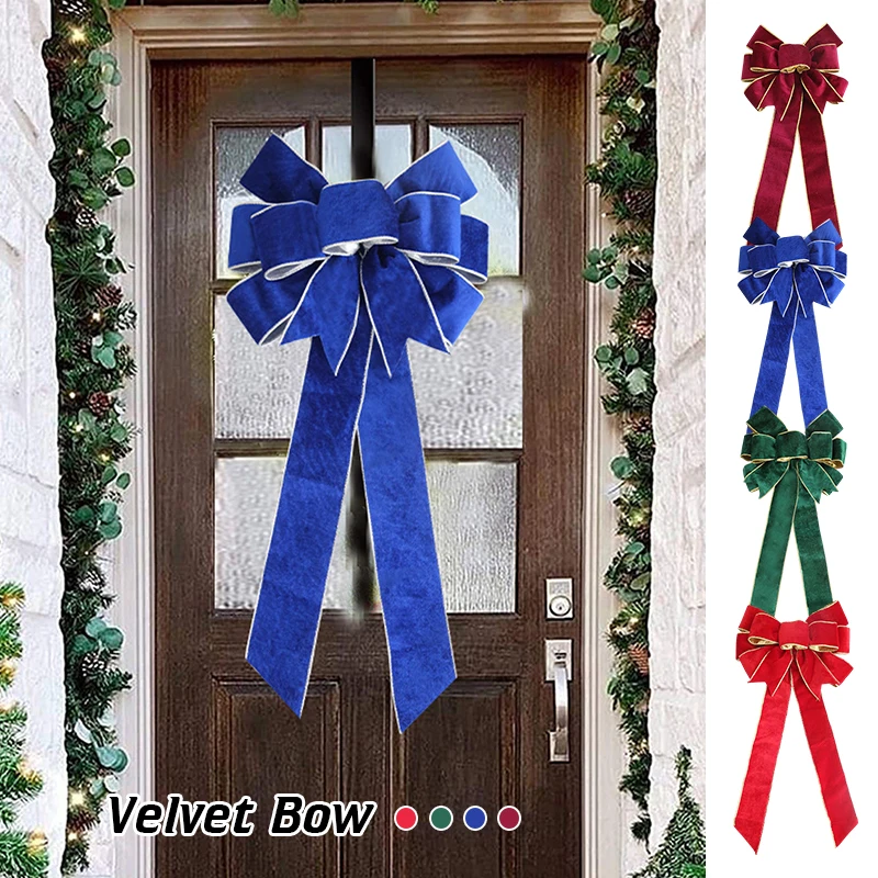 60cm Christmas Bows Outdoor Decorations Christmas Tree Topper Velvet Bow with Glitter Gold Edge for Xmas Home Door Wall Decor