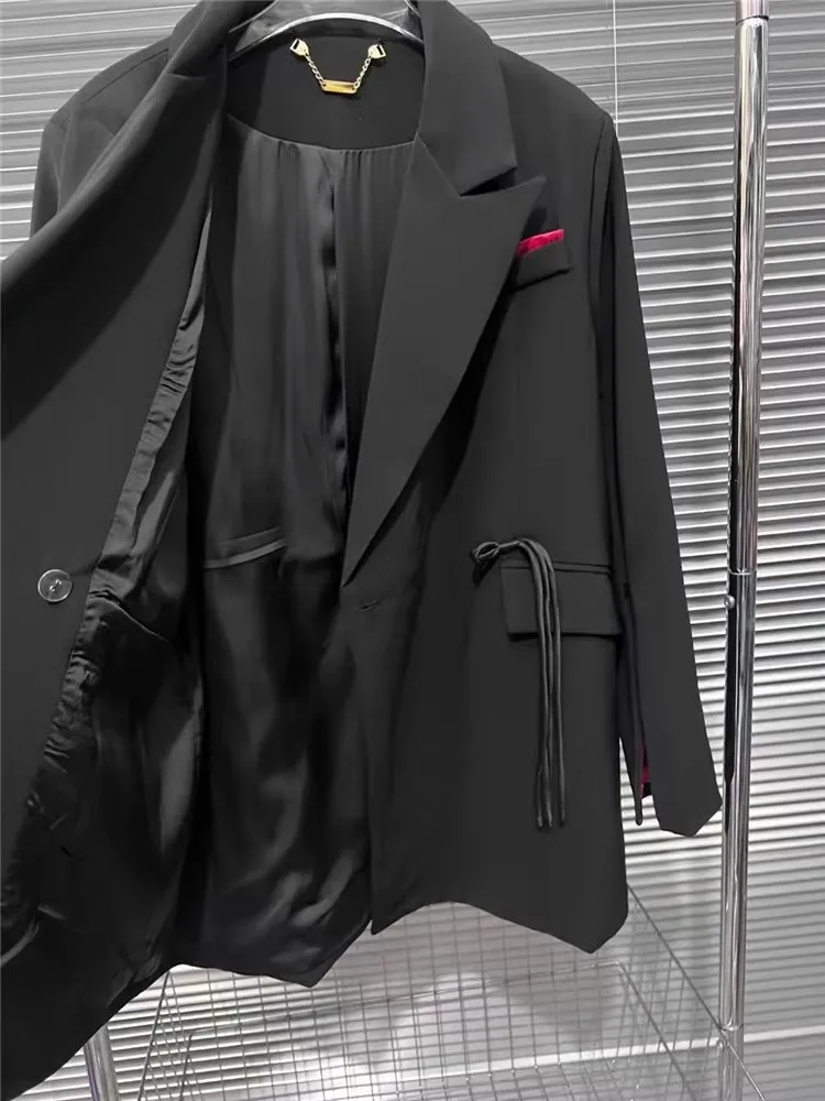 Vintage Designer Women Mid Long Blazer Jacket Fashion Autumn One Button Party Loose Fit Straight Suit Coat Office Work Blazers