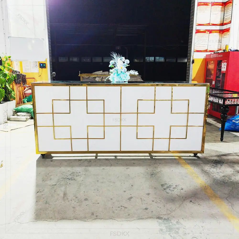 Unique Outdoor Activity with Wheels, Gold Stainless Steel Hollow Pattern, White Acrylic Interior, Glass Counter top, Counter