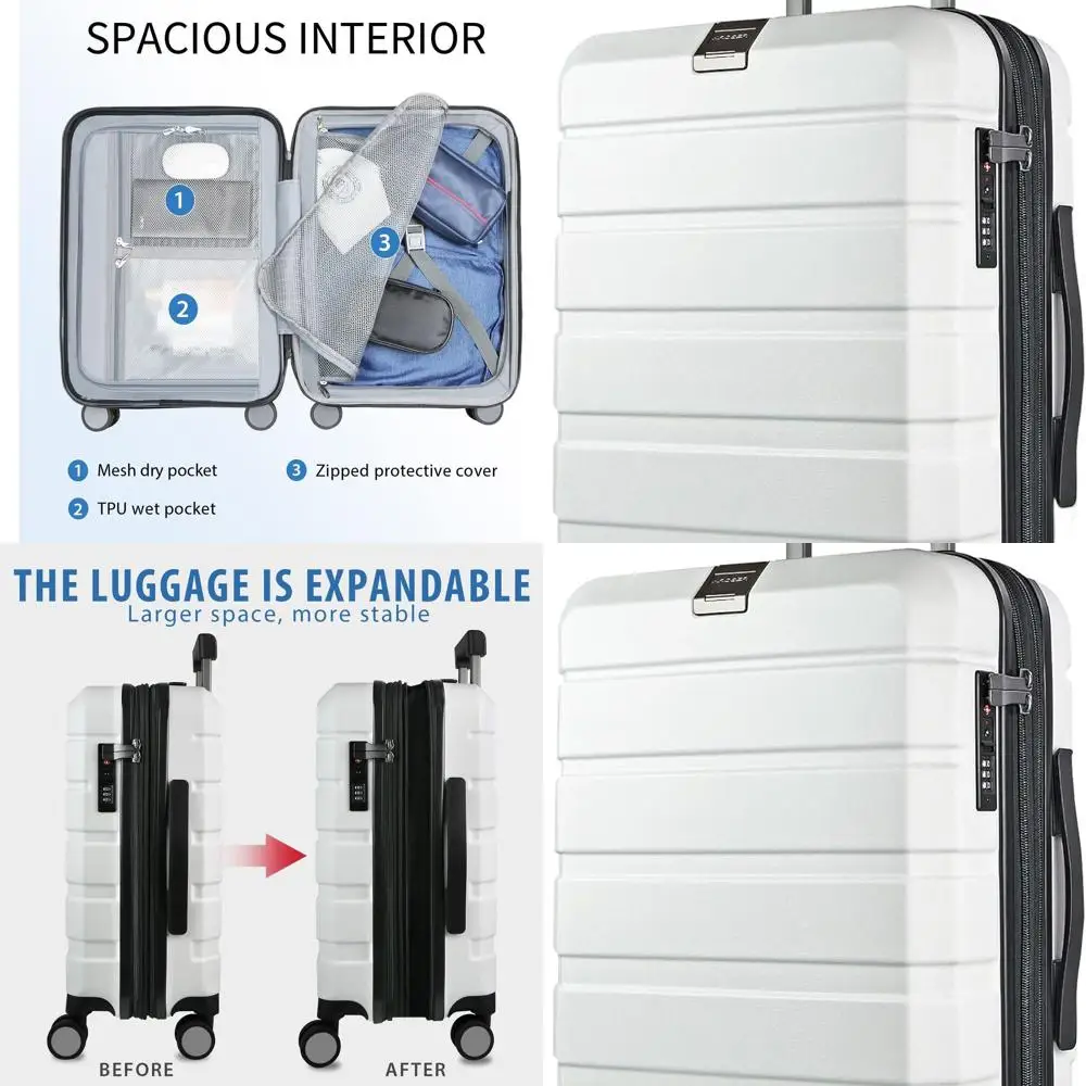 Expandable Hardside Spinner Luggage with USB Port, 20-Inch White TSA Lock Carry-On Bag