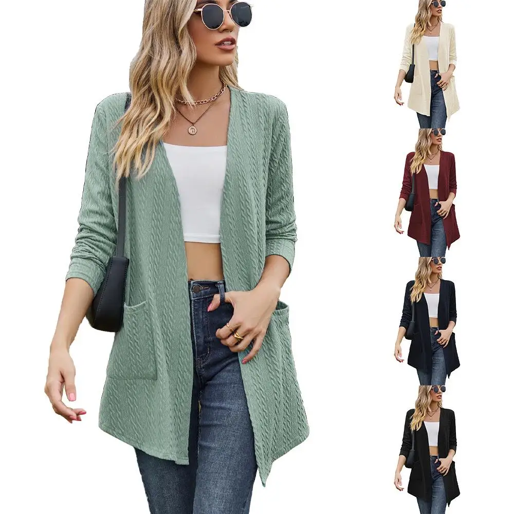 

Women's Long Sved ket Cardigan Jaet Polyester Fiber Open Cardigan Sle Color Knitted Sweater Autumn Season