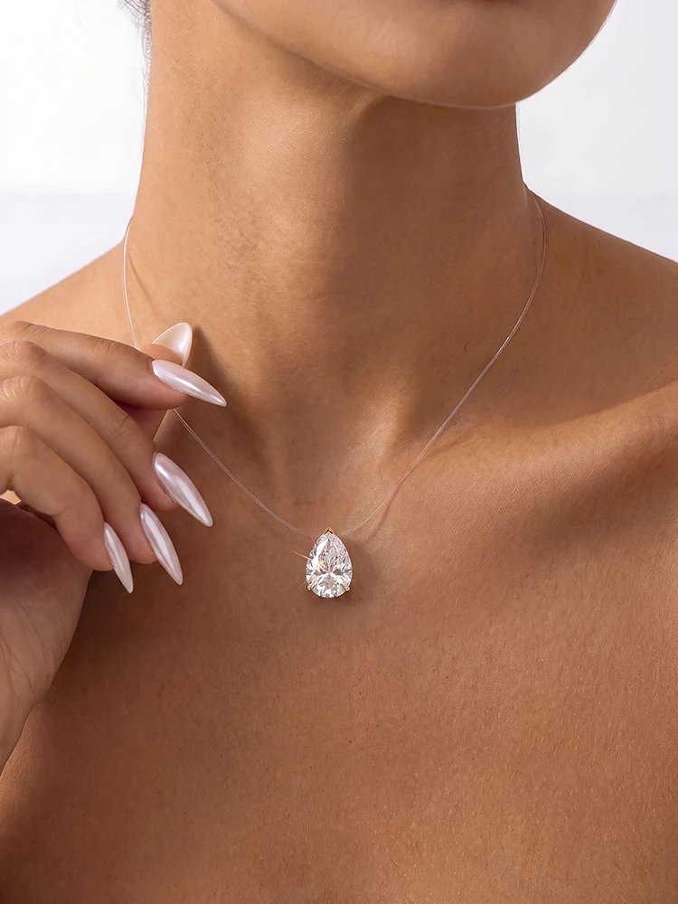 925 Silver Plated 1CT Moissanite Diamond Fishing Line Water Drop Necklace For Women Anniversary Party High Quality Jewelry