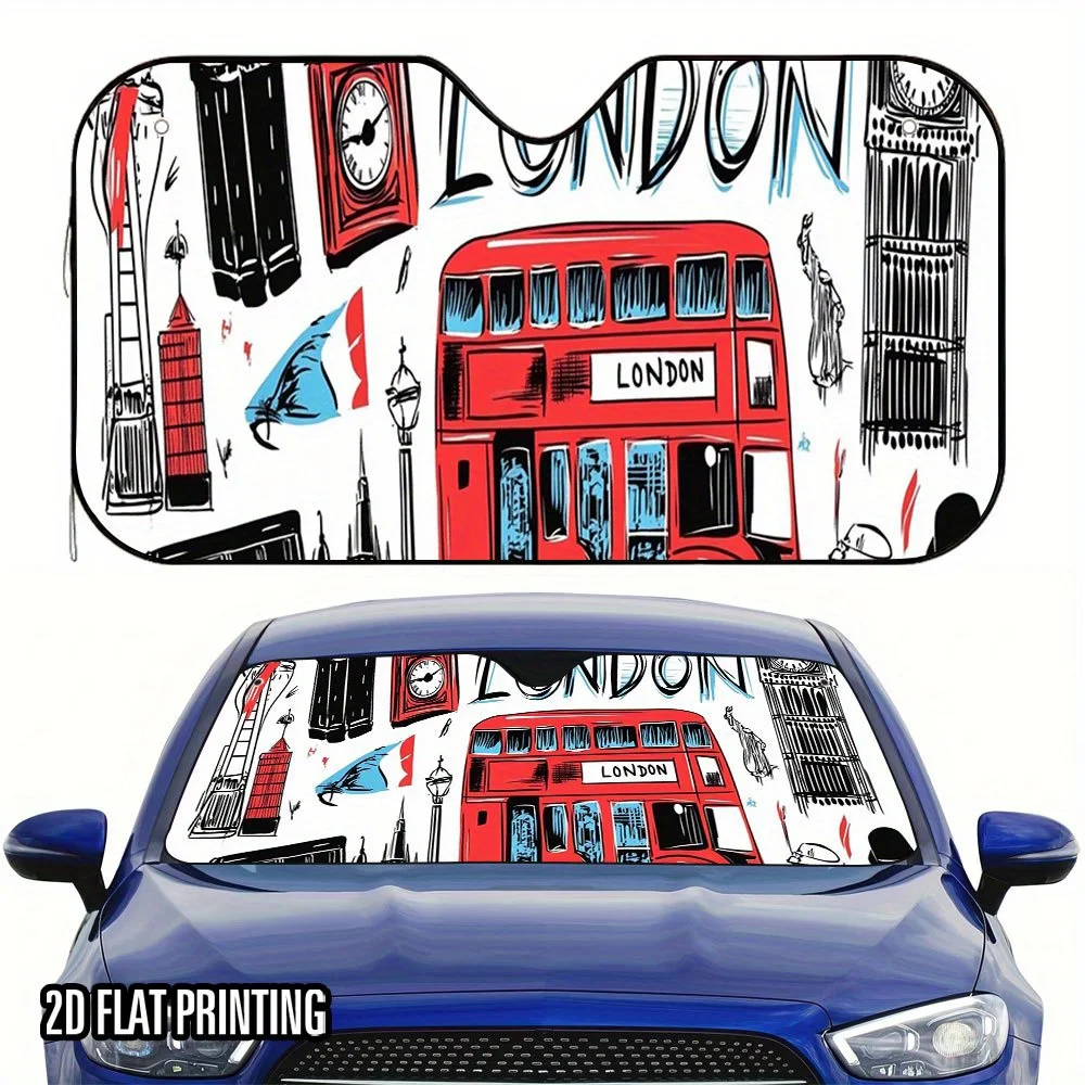 

1pc London-Themed 2D Flat Umbrella Car Sunshade With Big Ben & Red Bus Design - Foldable Fit For SUVs, Sedans, Vans, Trucks - 4