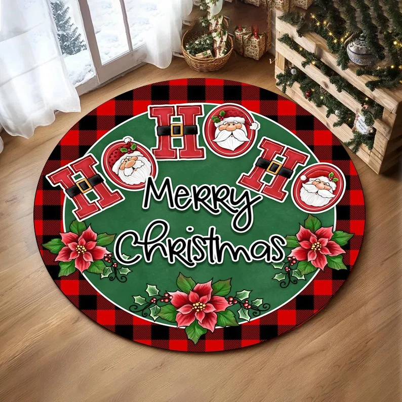 Christmas Ornaments Round Rug Merry Christmas Santa Rudolph Riding Home Mat  Living Room Decor Sofa Rug Festival Event Carpet