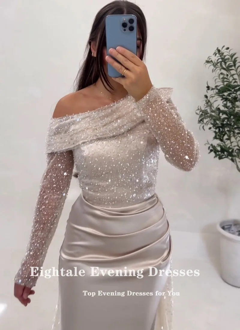 Eightale Elegant Evening Dresses Sequined High Side Slit Long Sleeves Satin Customized Prom Gown Wedding Party Abendkleider