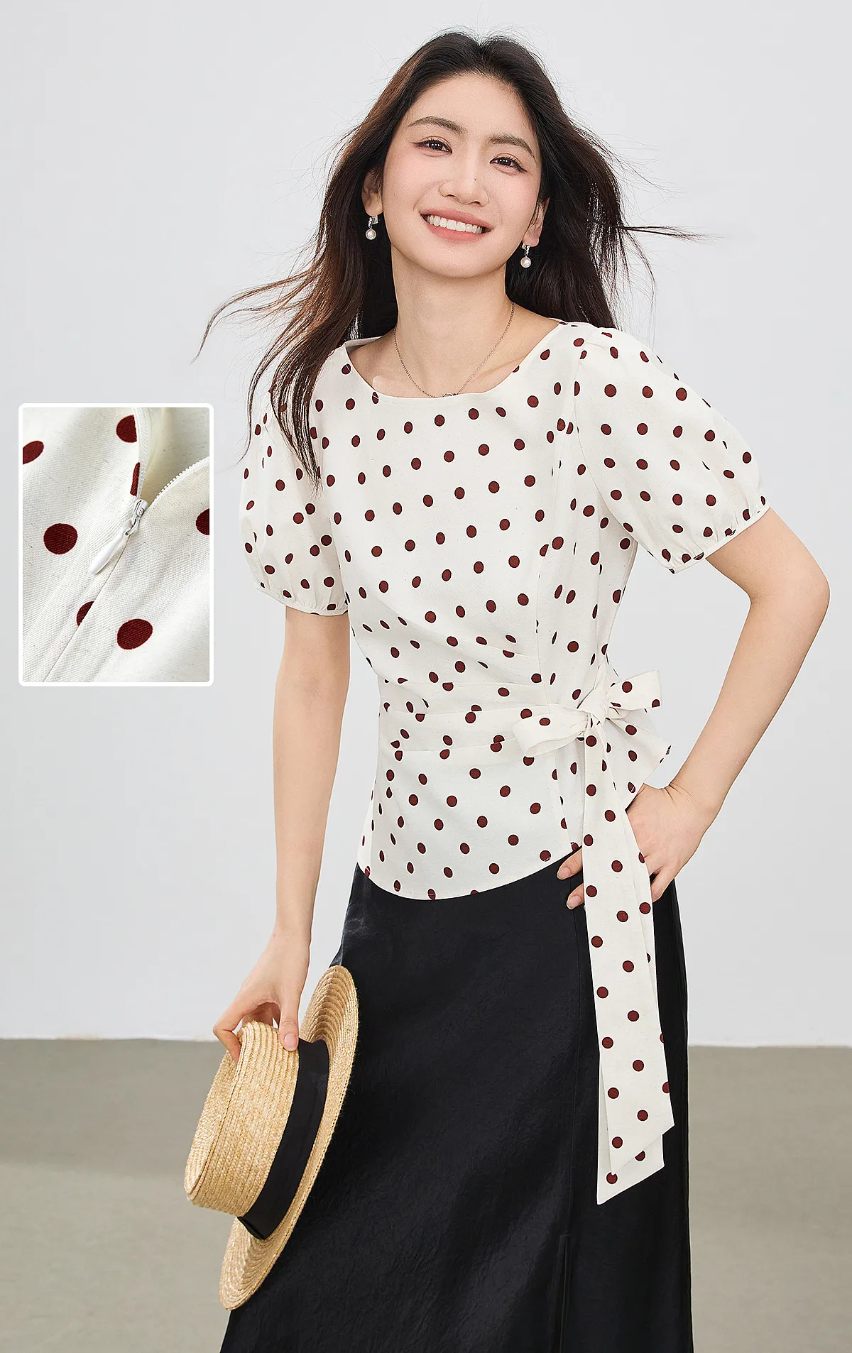 SENTUBILA Damenbluse 2026 Sommer Leinen Chiffon Polka Dot Rundhals Tailliertes Kurzarm-Oberteil 162VB7336 – Detail 11