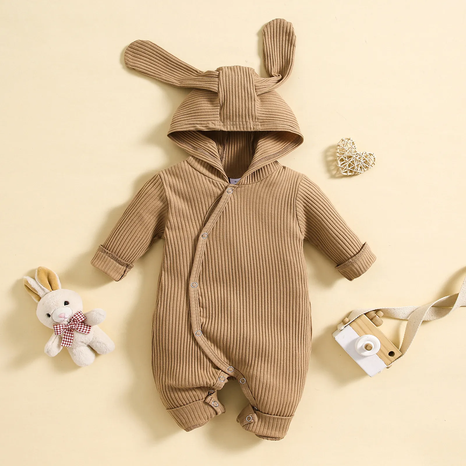 

3 Colors Infant Baby Boys Girls Cute Romper Rabbit Ear Hooded Solid Long Sleeve Toddler Jumpsuits Toddler Boy Girl Warm Jumpsuit