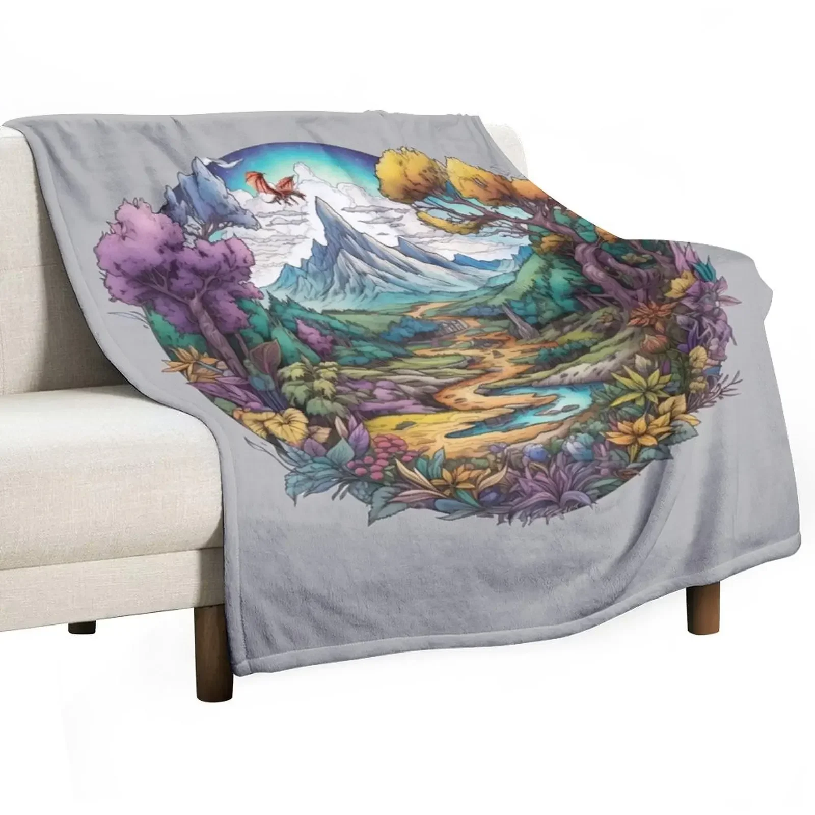 The Lonely Mountain - Colorful Illustration - Fantasy Throw Blanket Moving Large Bed covers Quilt Sofa Luxury Blankets