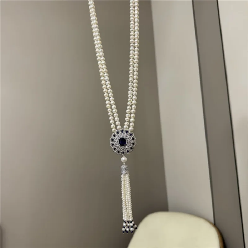 Natural 7-8mm Real Akoya Nice Pearl Necklace Double Strand Row Long Tassel Sweater Chain At Wedding Fine Jewelry Free Shipping