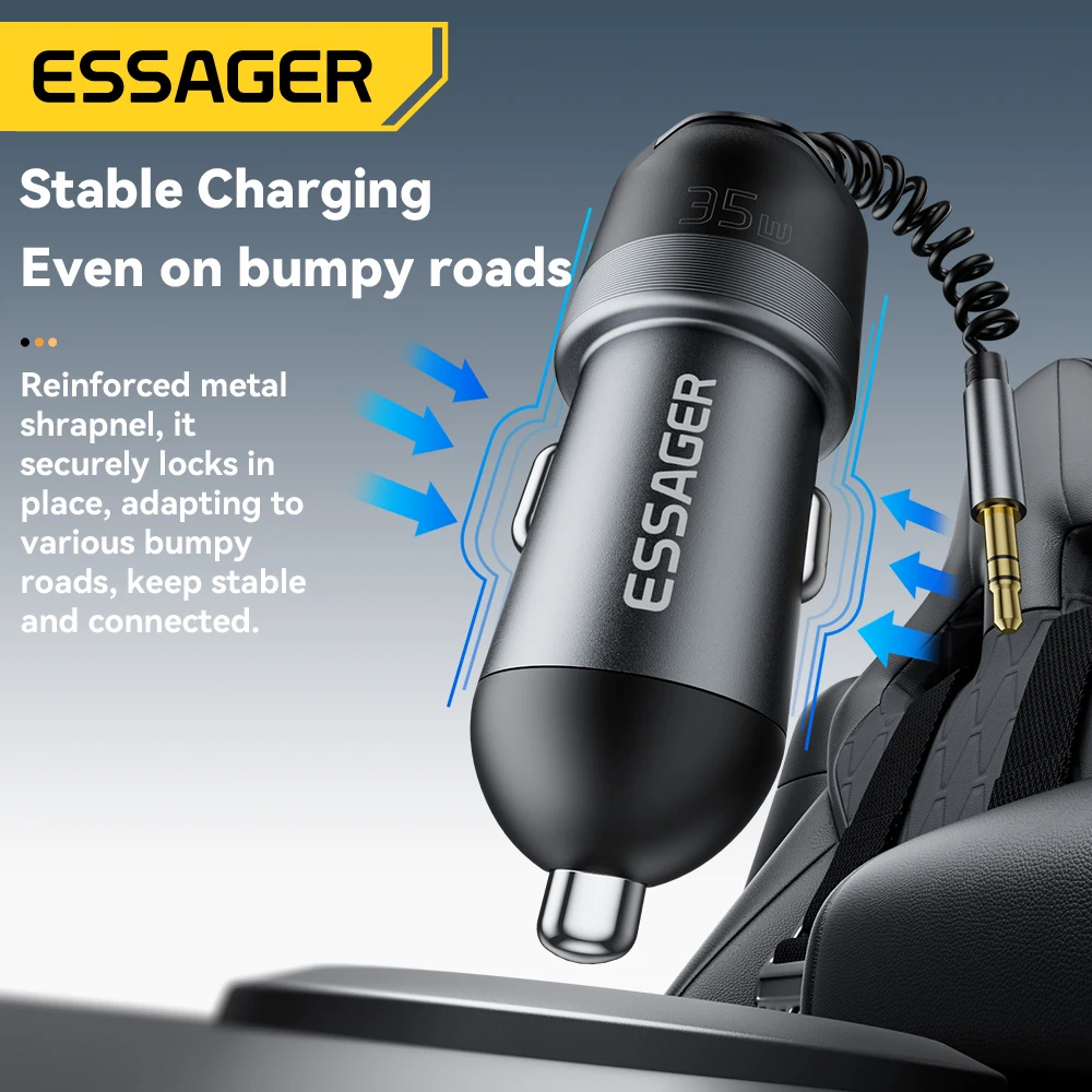 Ładowarka samochodowa Essager Bluetooth 5.3 z kablem AUX 3.5mm, szybkie ładowanie 35W do iPhone 16 15 Huawei Samsung, ładowarki samochodowe Bluetooth — zdjęcie produktu 6