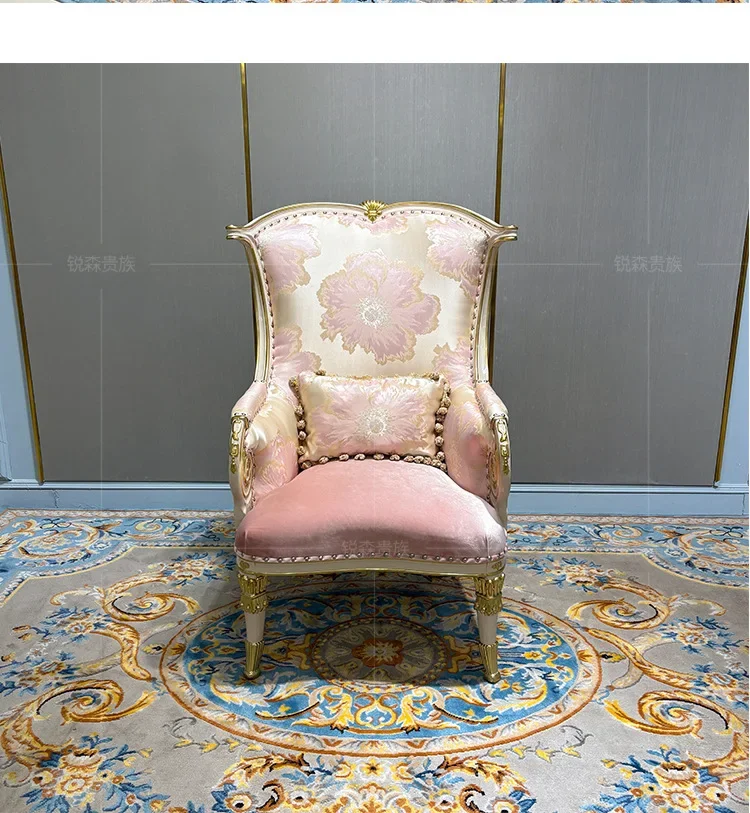 French fabric leisure chair, European neoclassical embroidery single sofa solid wood carving flower image chair