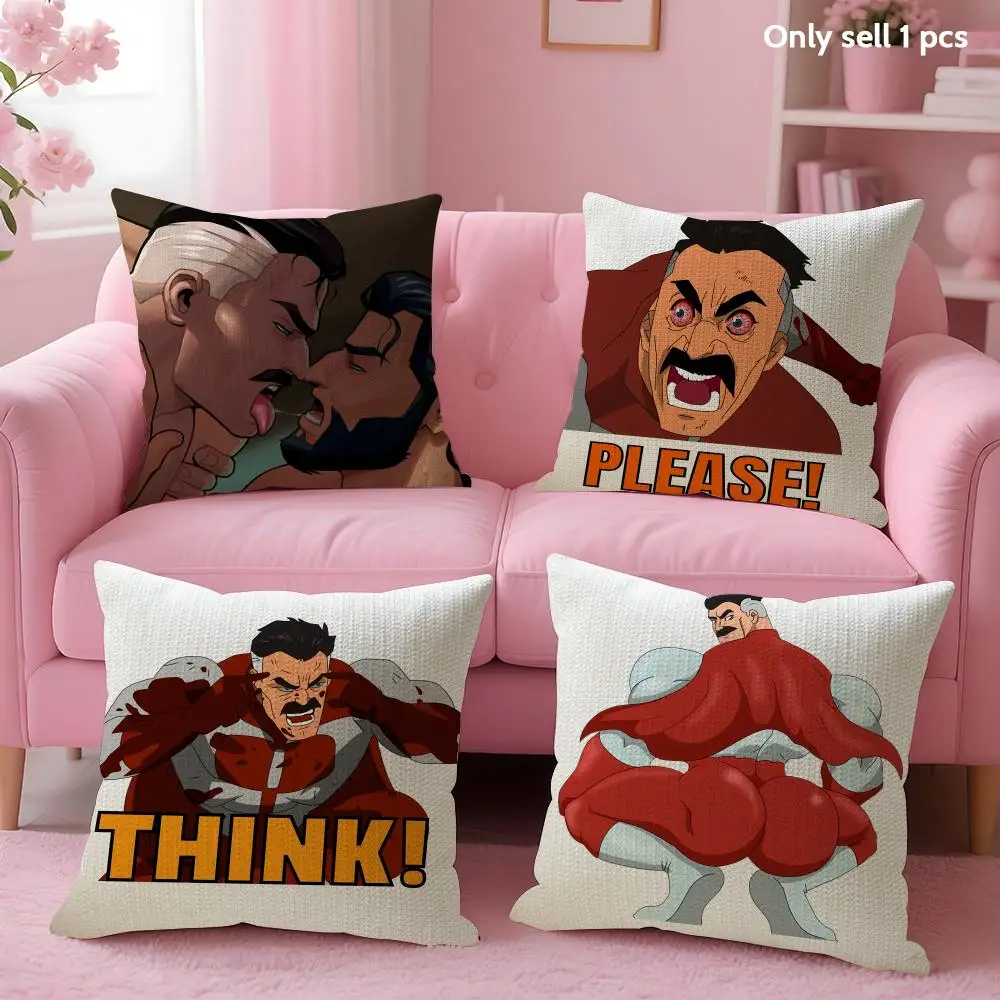 Cartoon I-Invincible Cushion Cover Natural Linen Organic Fabric Double-Sided Printing Sofa Home Decor Gift Pillow Case
