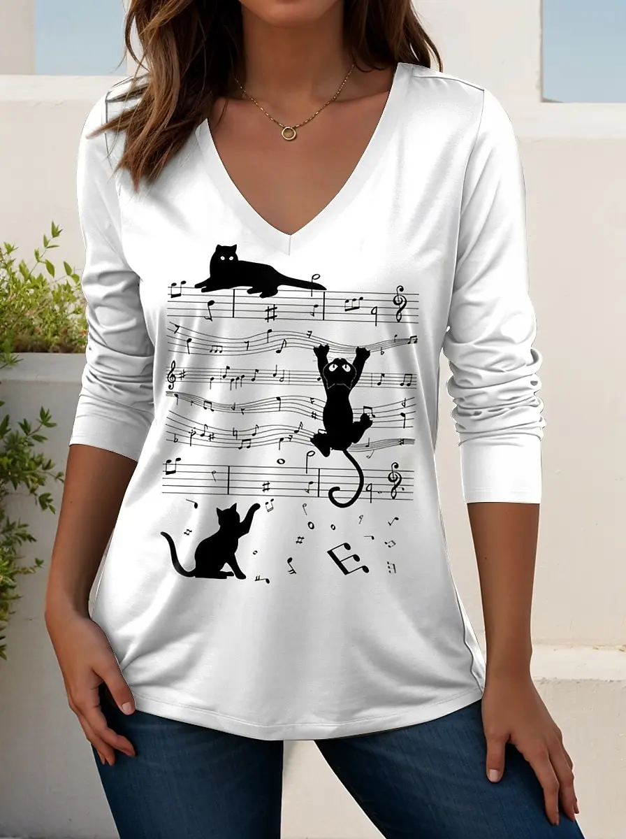 2025 Women's T-Shirts Music Festival Graphic Elegant Fashion Tees Long Sleeve T-shirts V-Neck Regular Tops Casual Pullover Fall