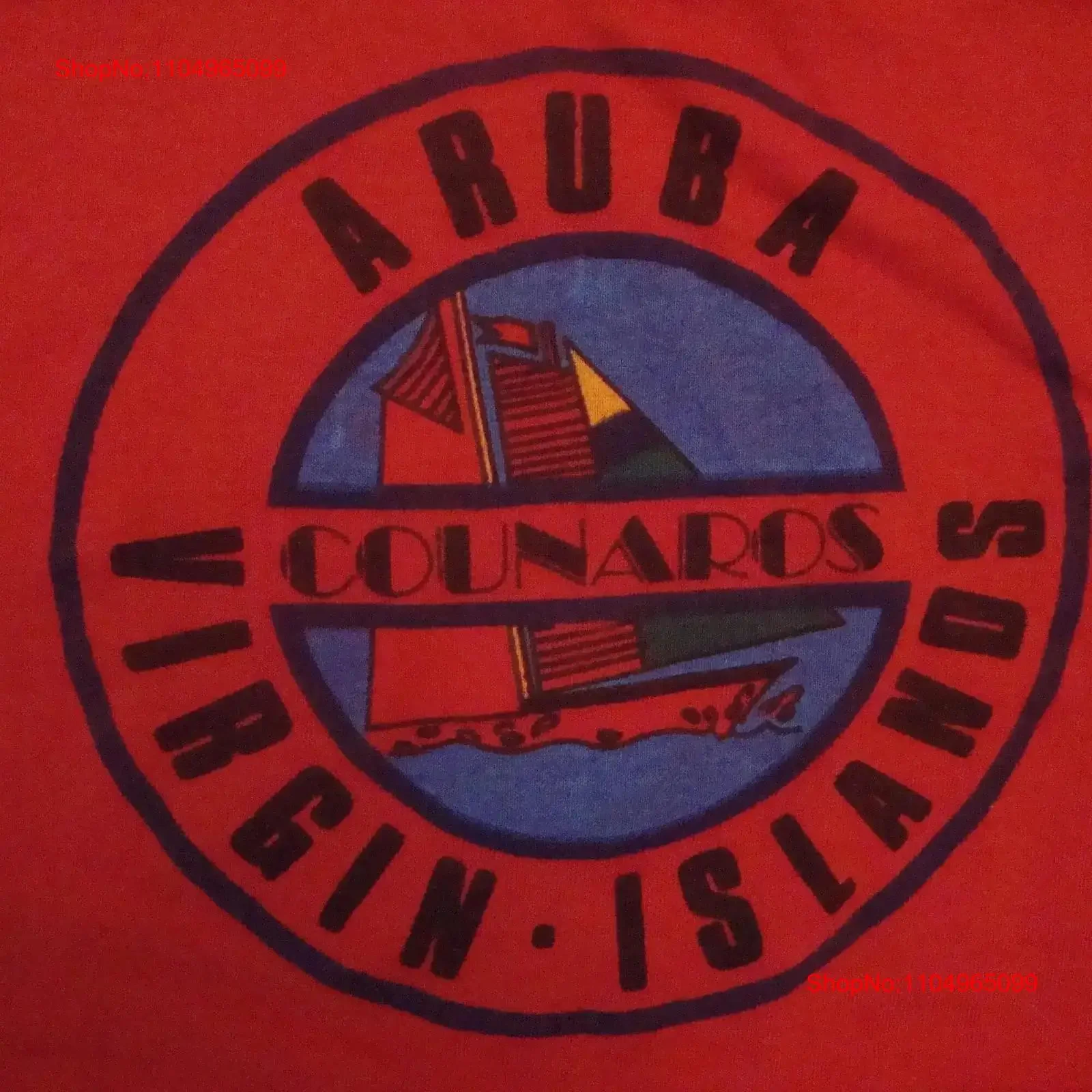 

Vintage 90's Aruba Virgin Islands Counaros Tourist Sailboat Red T Shirt Size M medium vintage Washed Casual Stretched