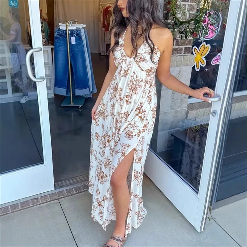 

Strapless Backless Slit Digital Print Summer Evening Dress Women Fashion Wrap Design Long Tube Top Dress