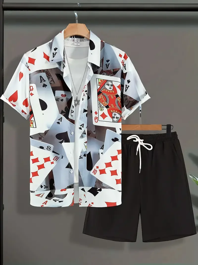 Summer Playing Card 3D Print Casual  Hawaiian Men's Short Sleeve Shirt Beach Shorts Shirts Men's Suit Stylish Men's Shorts Suits