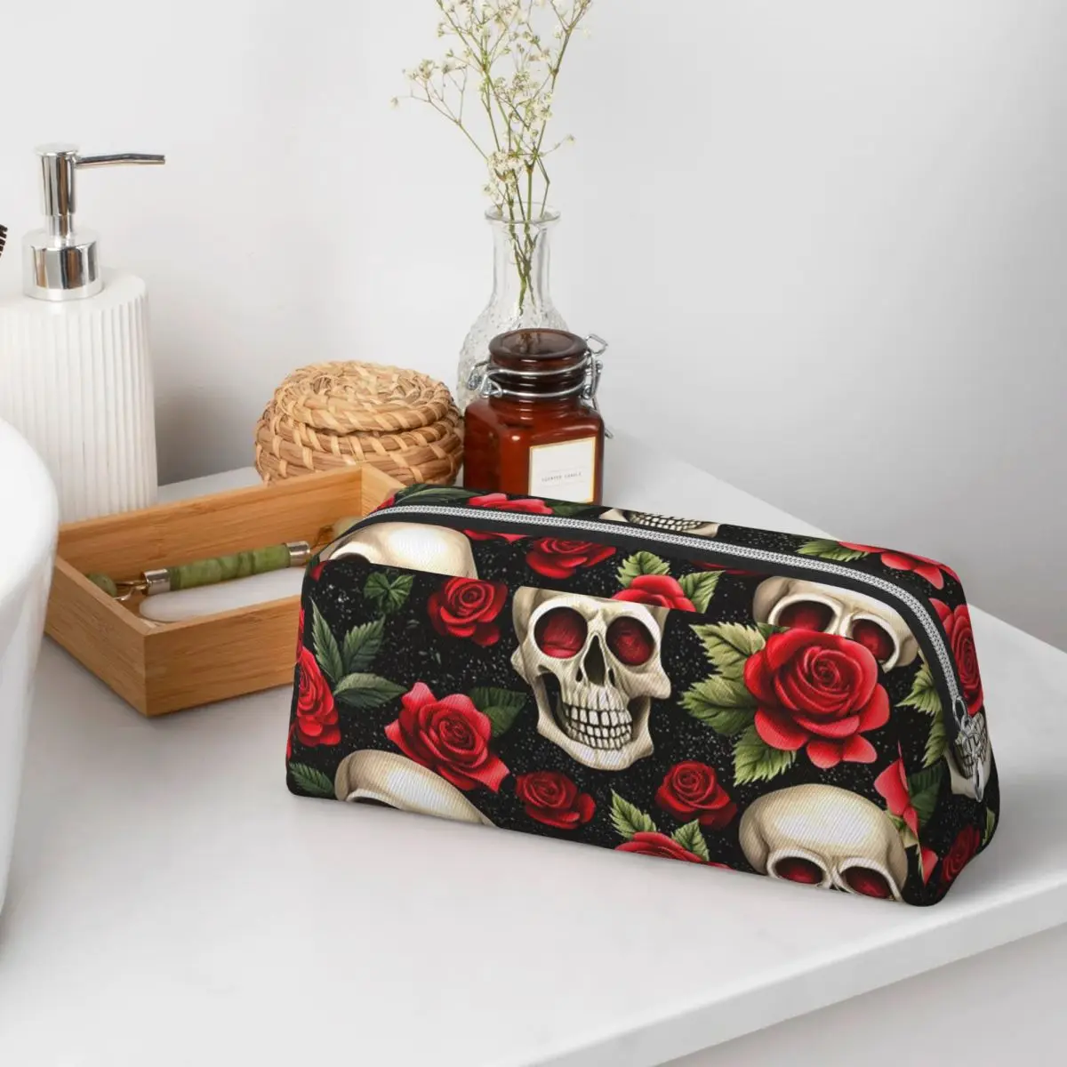 Rose Skull Gothic Style Pattern Pencil Cases for Student School Pen Box Pencil Bag Pencil Pouch Storage Stationery Supplies