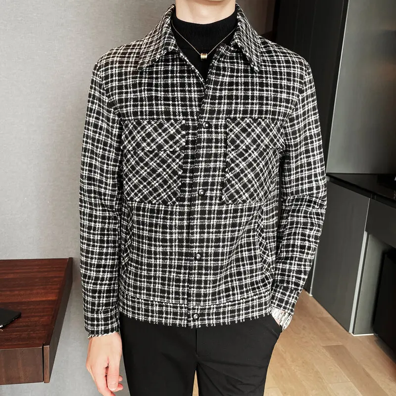 New Single-Breasted Trench Coat Veste Homme Fashion Retro Tartan Jacket Aautumn And Winter Men's Slim Short Woolen Coat S-3XL