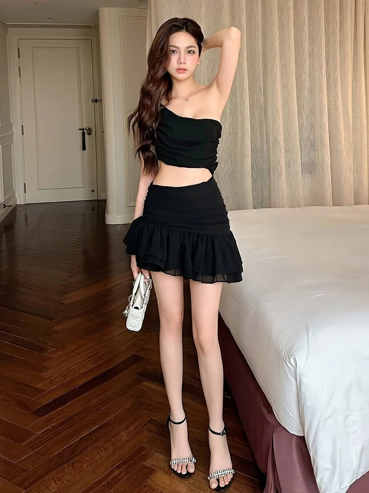 WEIRD PUSS American Sle Slim Fit ort Dr Women's Gown with Waist Exposure Asymmetrical oulder Pleated Chiffon Summer ...