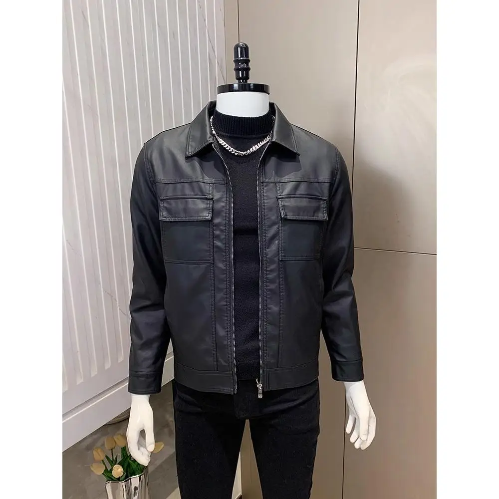 

Slim Fit Men's Leather Jaet Cool Haome Sle PU Leather Long Sve Warm Outerwear for Autumn Faionable Trendy Coat